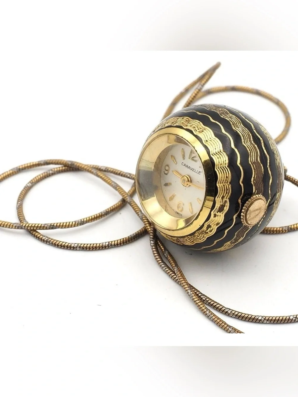 Vintage Black enamel and Gold Pendant Watch Necklace